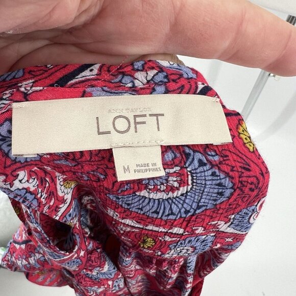 Loft Women's M Medium Floral Paisley Blouse Top Red & Blue Long Sleeve - Picture 5 of 5